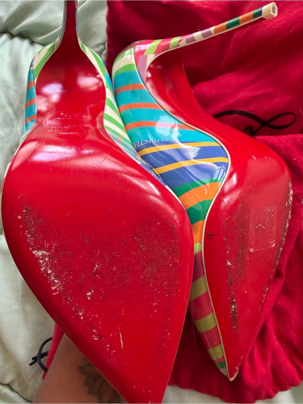 Christian Louboutin Neon Striped Pointed Toe Patent Pumps - Picture 3 of 4